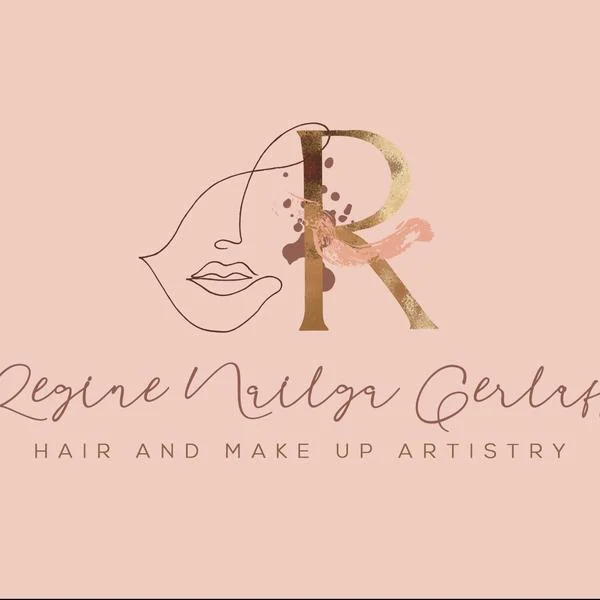 Hair and makeup artistry logo with a gold R monogram and line-drawn face on a peach background