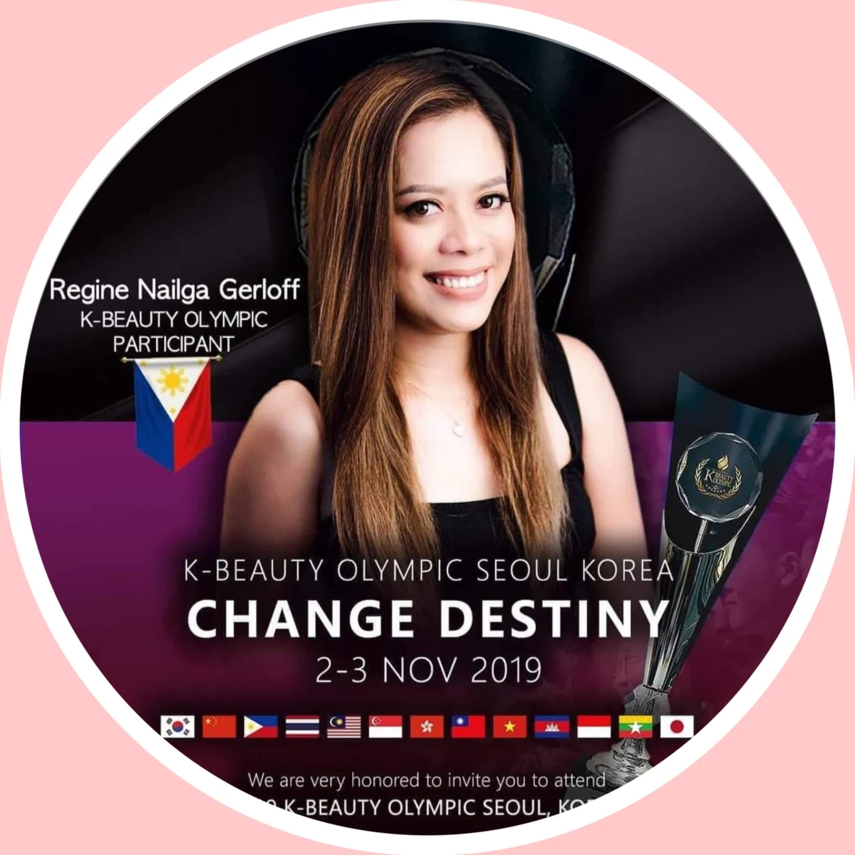 K-Beauty Olympic participant portrait graphic naming Regine Gerloff, Seoul Korea and the dates 2–3 November 2019